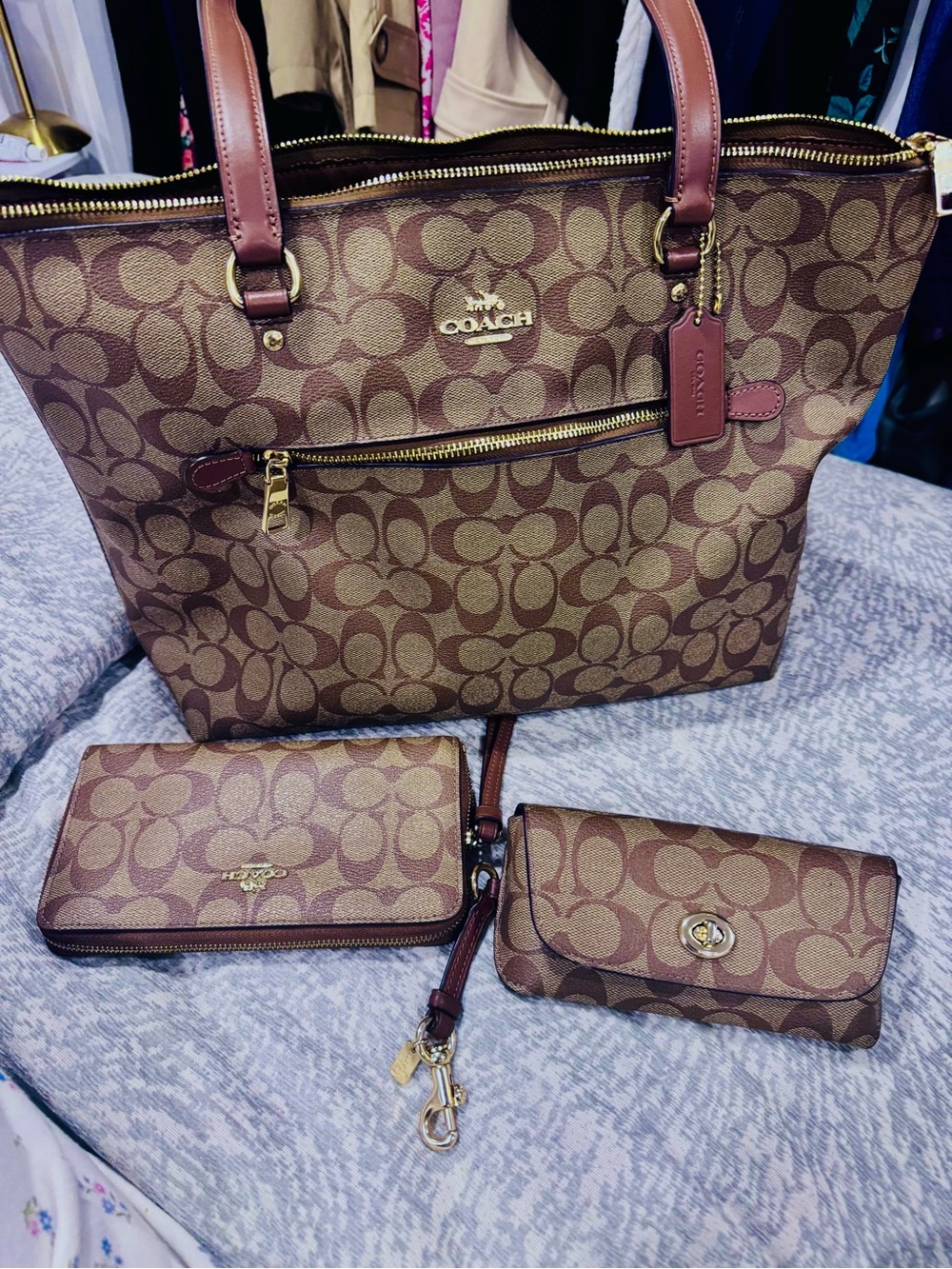 Coach Brown Signature Canvas Tote with Wallet & Glasses Pouch Set